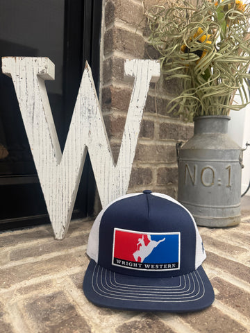 Wright Western Navy/White 5 Panel Trucker with Red/blue Patch