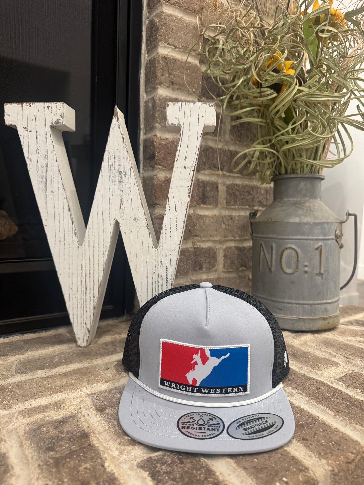 Wright Western Grey/Black 5 Panel Trucker with Red/Blue Patch