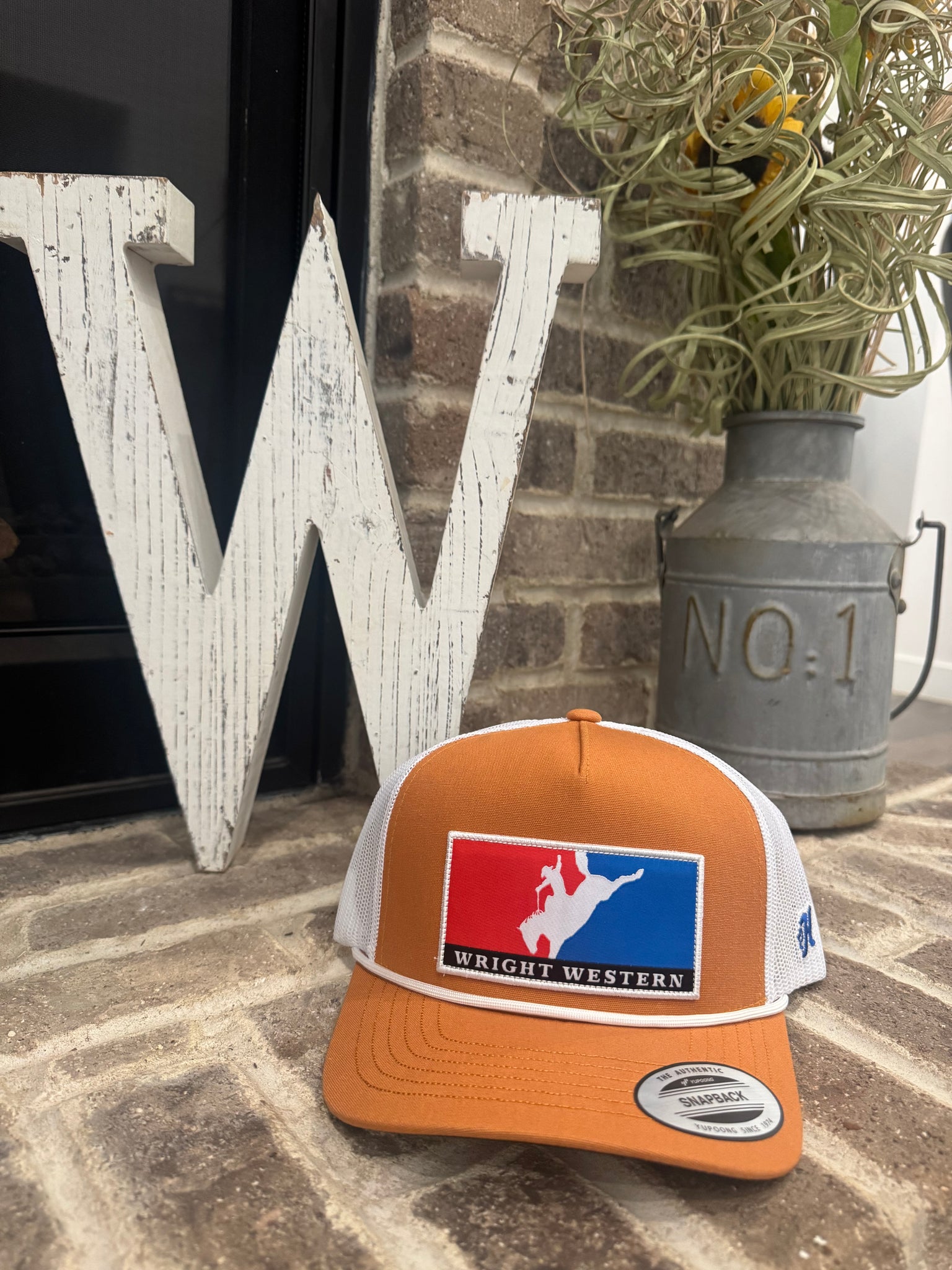 Wright Western Rusted Tan/White 5 Panel Trucker with Red/Blue Patch