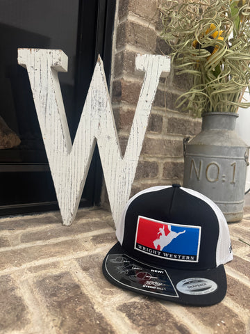 Wright Western Black/White 5-Panel Trucker Hat with Red/Blue Patch